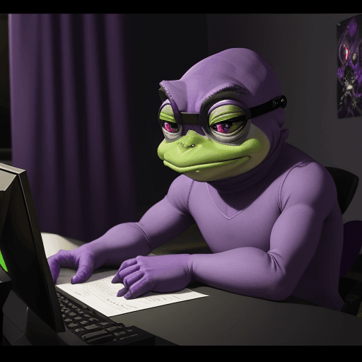 AI generated: A famous purple Pepe meme frog with purple skin studying , modern gaming room, night setting,cartoon...