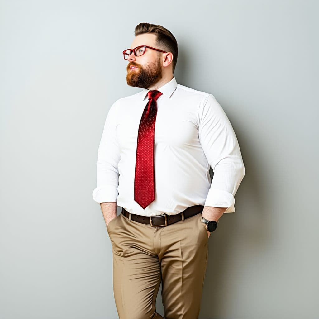 AI generated: A stocky businessman leaning against a wall, side profile, aged 50, short beard, red framed glasses,...