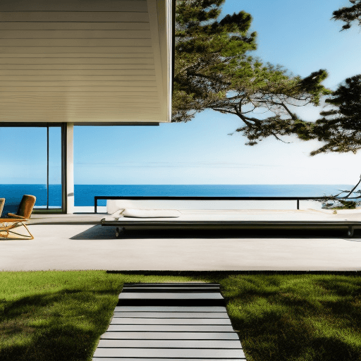 AI generated: Hyper realistic eye level exterior photo of a mid century modern style house overlooking the ocean, ...