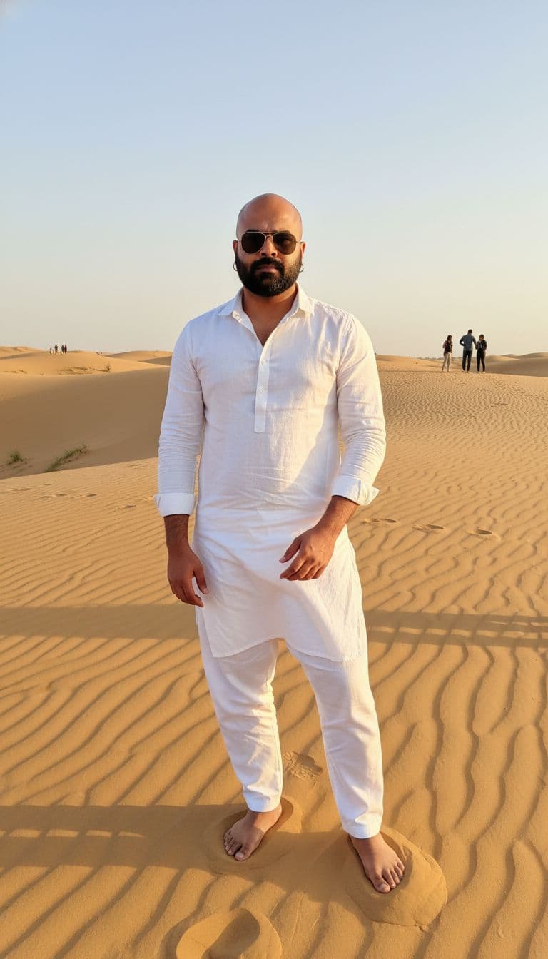 AI generated: A stylish young man with a lean, toned physique (around 57 kg, 5'6" tall) — his beard remains unchan...