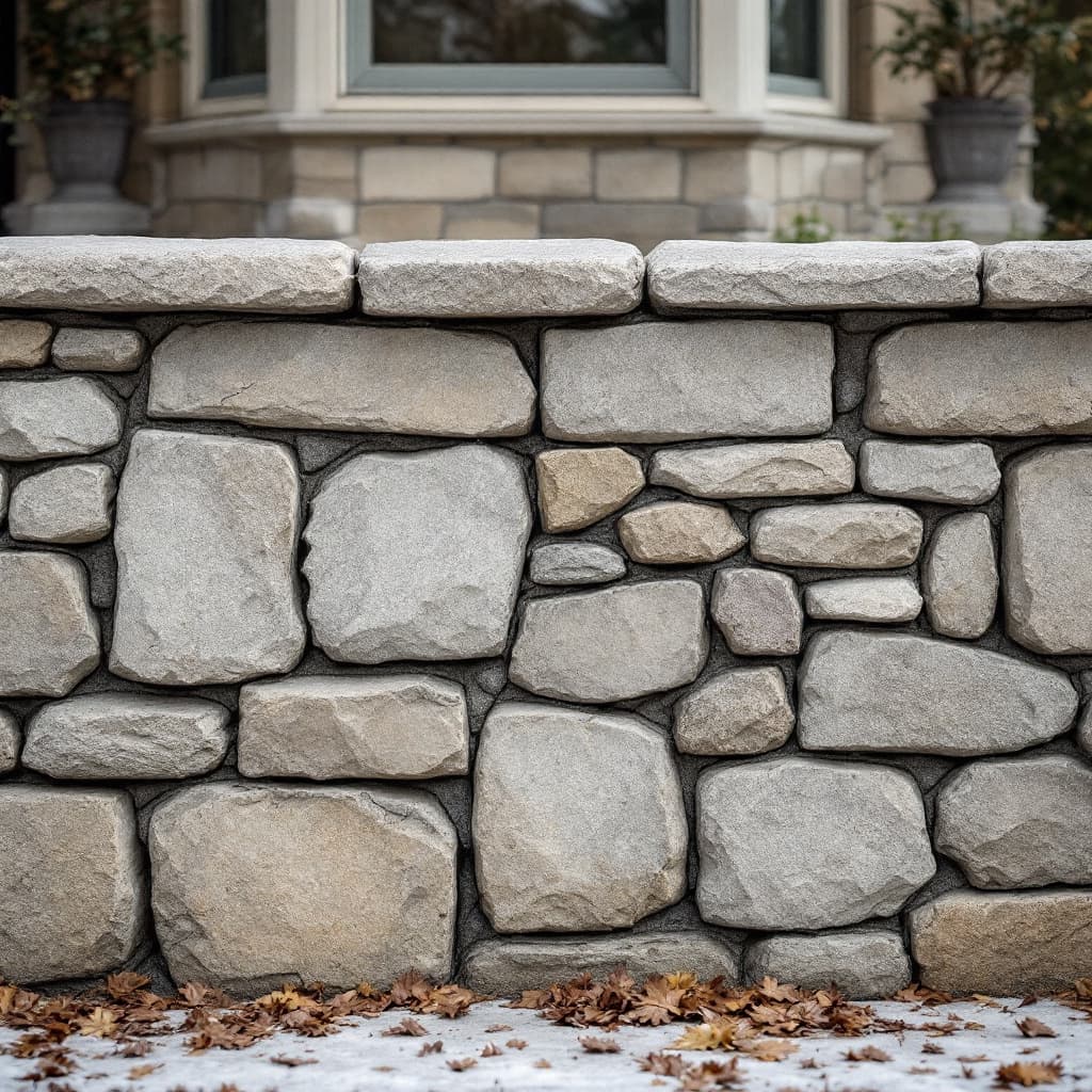 AI generated: a realistic image of irregular stone slate block  with mortar finishing in joints on a foundation of...
