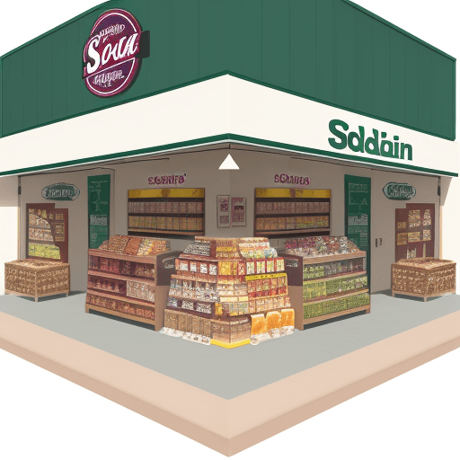 AI generated: Salinas Store logo with soda and snacks in center square shape minimalistic
