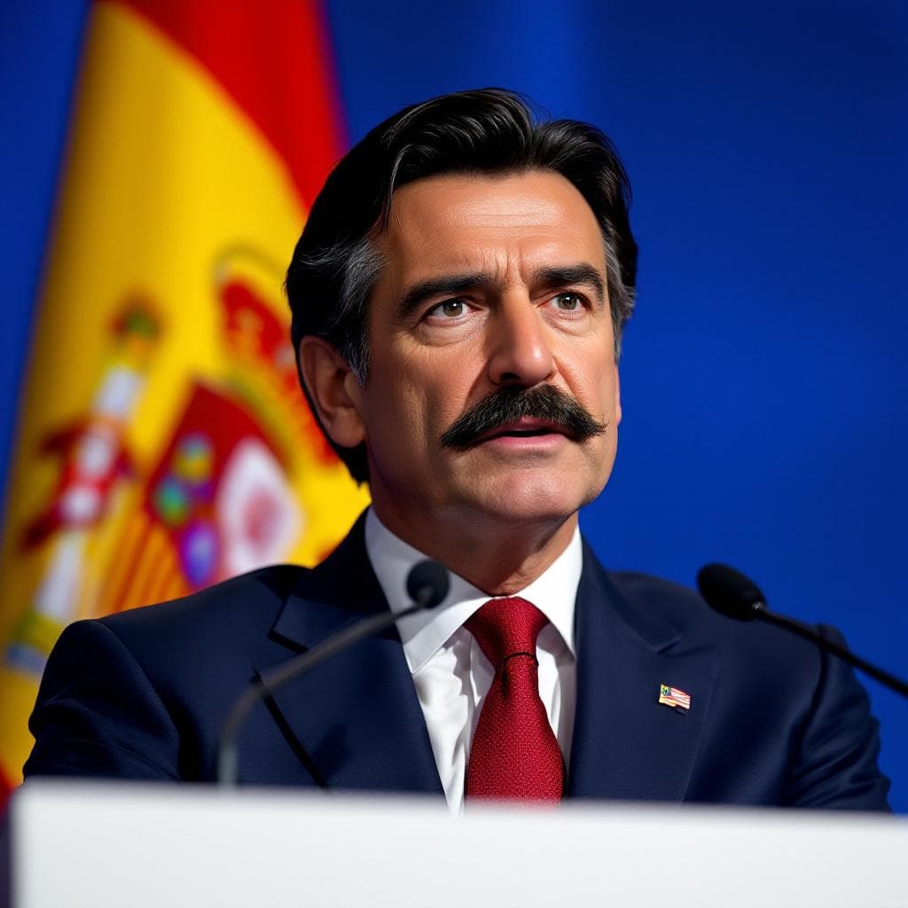 AI generated: RAW, Jose MAria Aznar, A hyper-realistic portrait of a Spanish statesman with slick dark hair, thick...