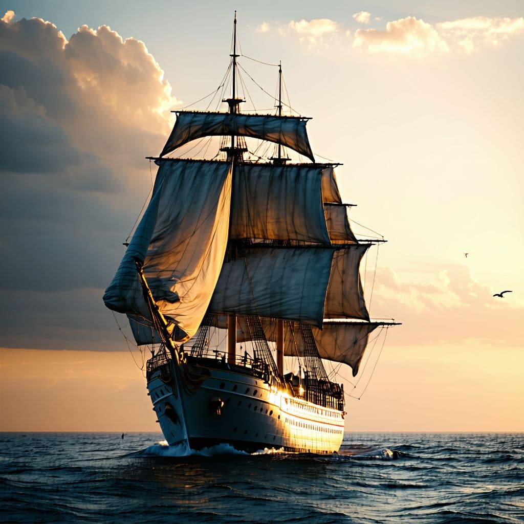 AI generated: Photo of a ultra realistic sailing ship, dramatic light, pale sunrise, cinematic lighting, battered,...
