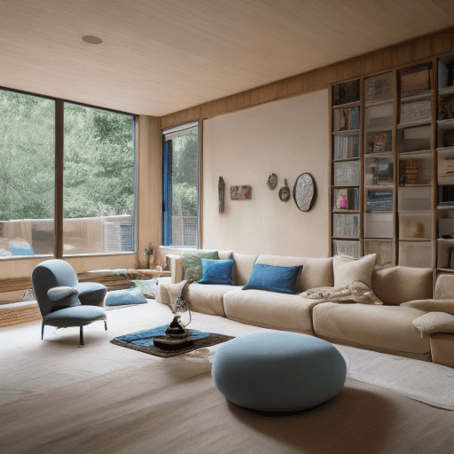AI generated: High resolution photography interior design, dreamy sunken living room conversation pit, wooden floo...