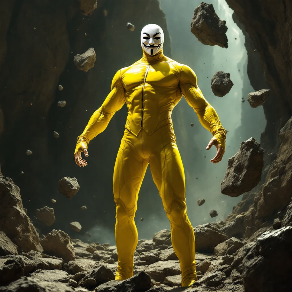 AI generated: A heroic figure wearing a bright yellow suit, with a white mask resembling the one from 'V for Vende...