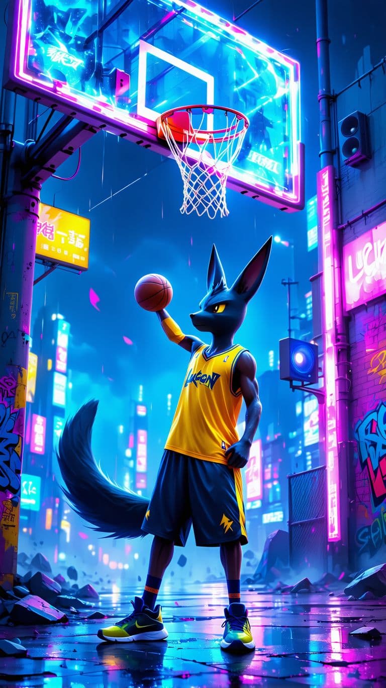 AI generated: This image features a dynamic and highly stylized representation of Lucario, a popular Pokémon, in a...