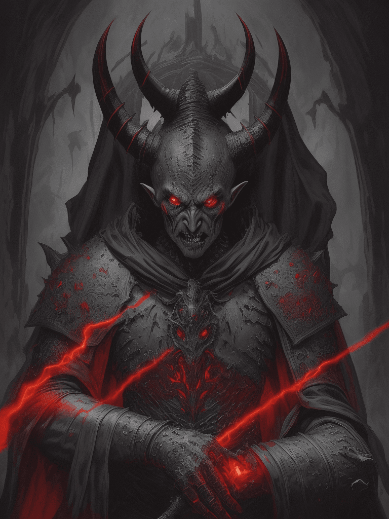AI generated: stunning illustration of a demonic warrior in black medieval armor, nosferatu zodd face, horns, red ...