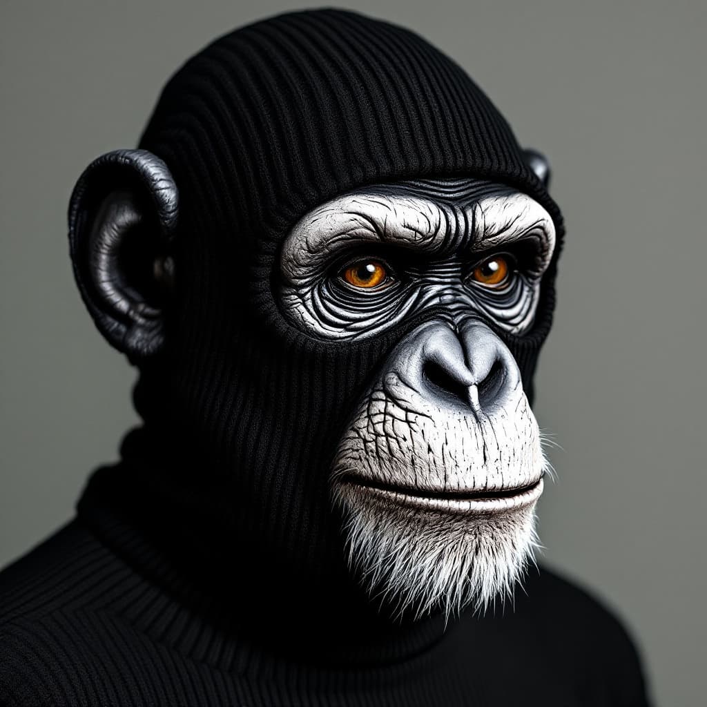 AI generated: a black ribbed knit baklava 3-holes skimask painted with a flat inked chimpanzee face illustration o...