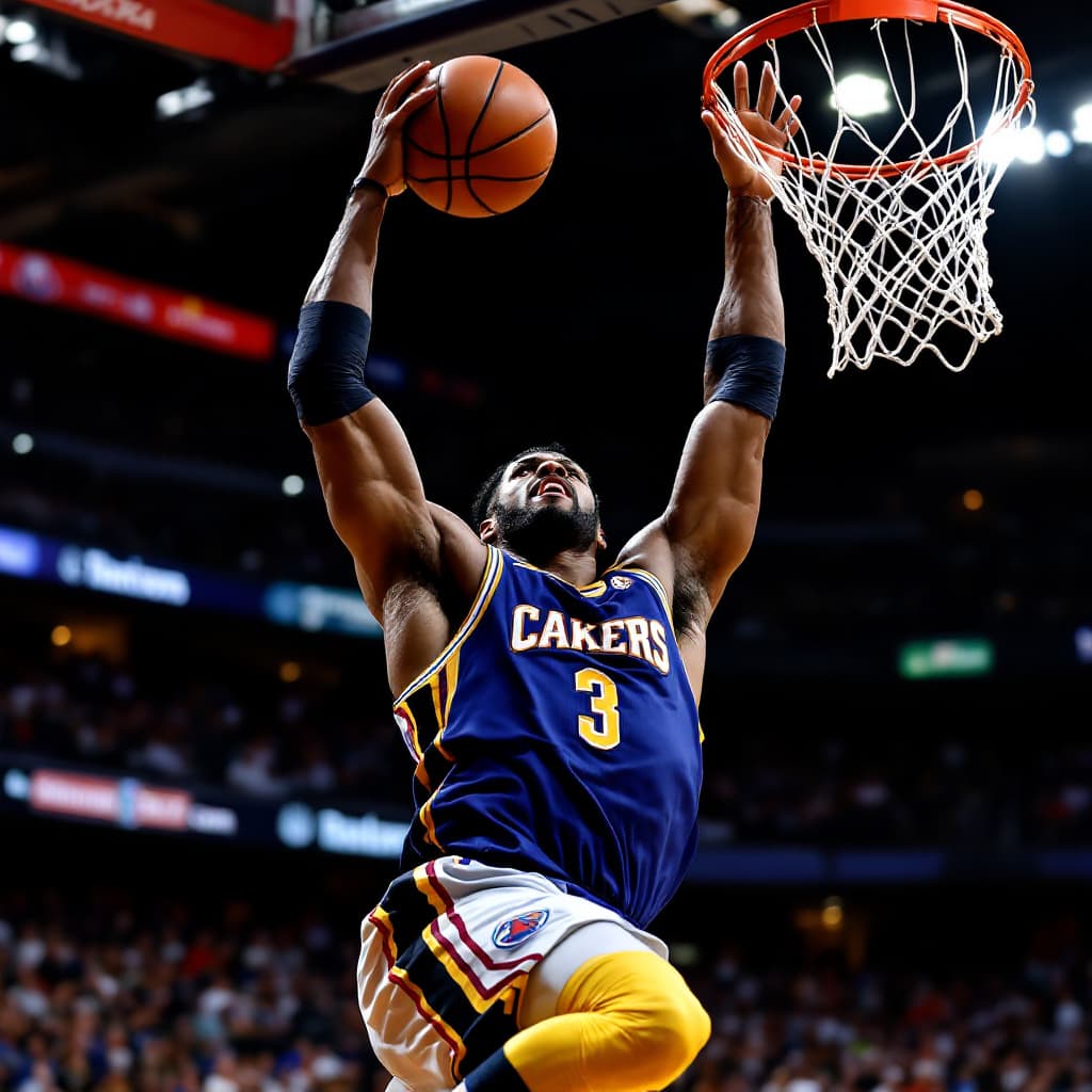 AI generated: A basketball player in mid-air, performing a powerful slam dunk. The player is wearing a vibrant tea...