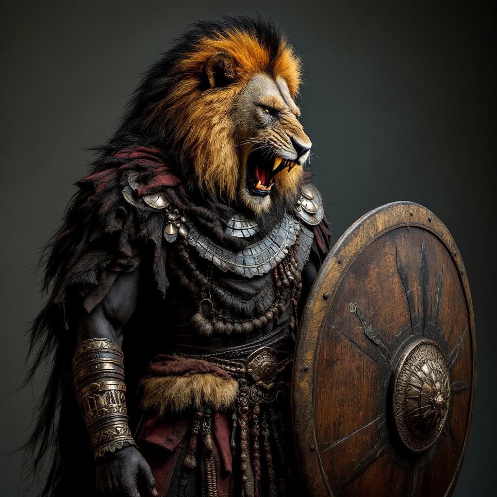 AI generated: A 14ft tall black African Warrior , with Zulu style armour with shield and Spear with the head oa a ...