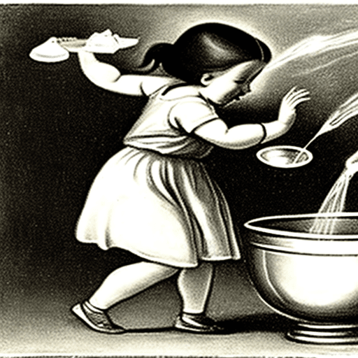 AI generated: a girl throwing water from a silver bowl. 
