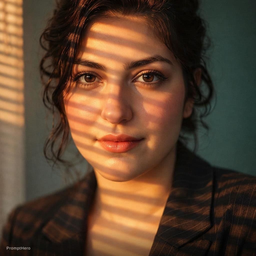 AI generated: Close-up portrait of a woman illuminated by soft, warm afternoon light streaming through window blin...