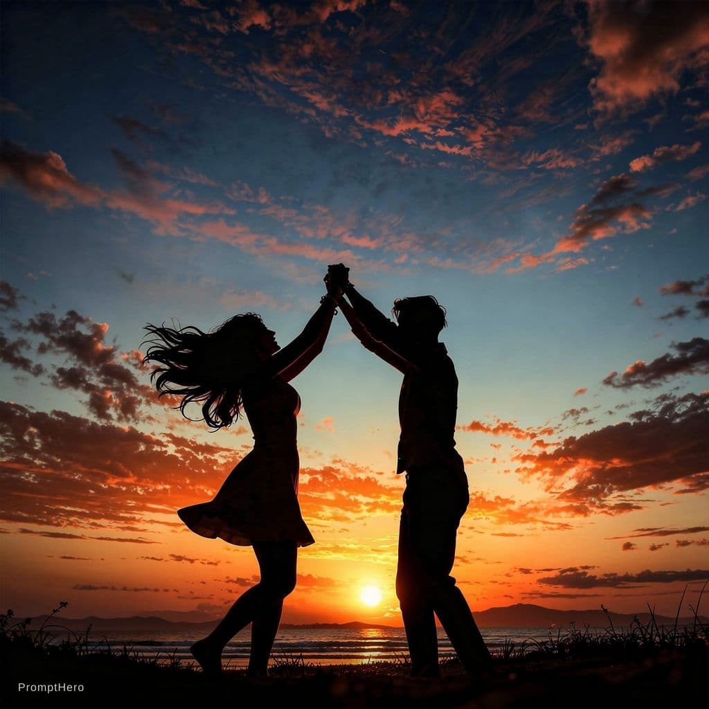 AI generated: Against the backdrop of a vibrant sunset, a young couple dances joyfully in the center of the frame....