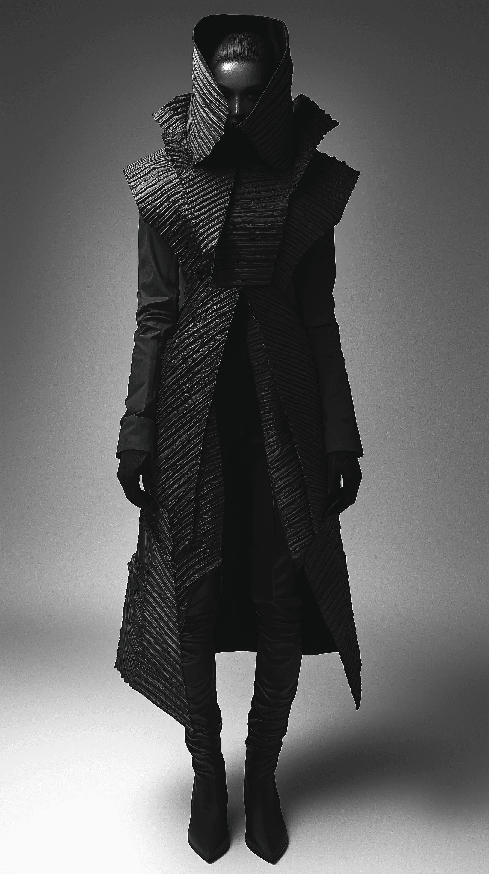 AI generated: editorial fashion portrait, full body, front view, woman wearing a futuristic, monochrome black outf...