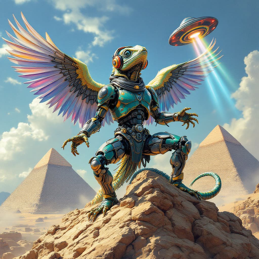 AI generated: Fantasy android robot with epic style and cosmic dance by Hajime Sorayama, floating in the wind with...