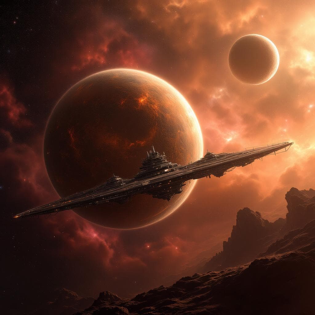 AI generated: Create an alien planet, Artta. It has two moons. There is a nebula in the far background. Artta has ...