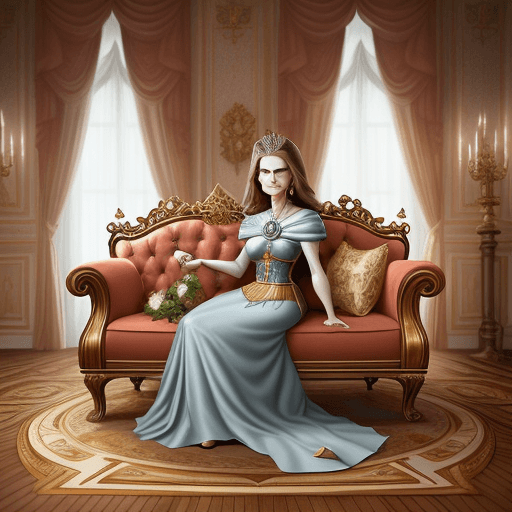 AI generated: Queen silvia look a like caricature character laying on a couch in the middle of the room looking ro...