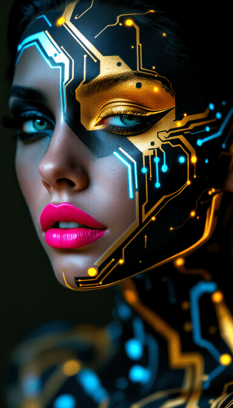 AI generated:  A hyperrealistic image of a woman showcasing an intricate body paint design inspired by cybernetics...