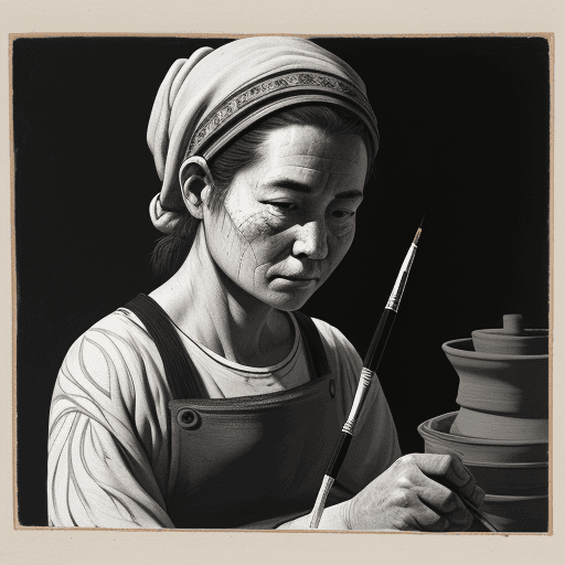 AI generated: portrait of pottery worker, on pen painting, delicate ink lines, meticulous precision, white and bla...