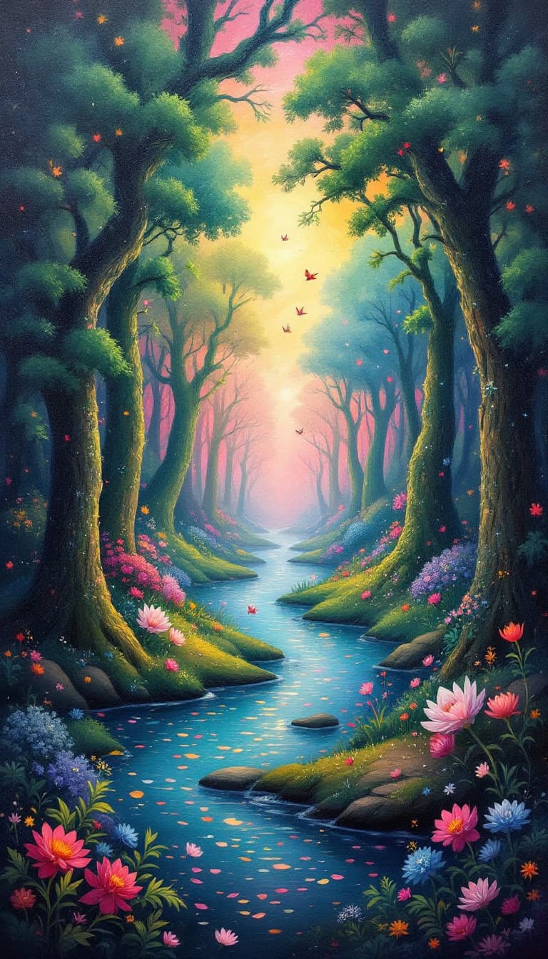 AI generated: Oil painting, enchanted forest,Enchanting descriptions of bubblegum clouds, Mystical woodland with c...