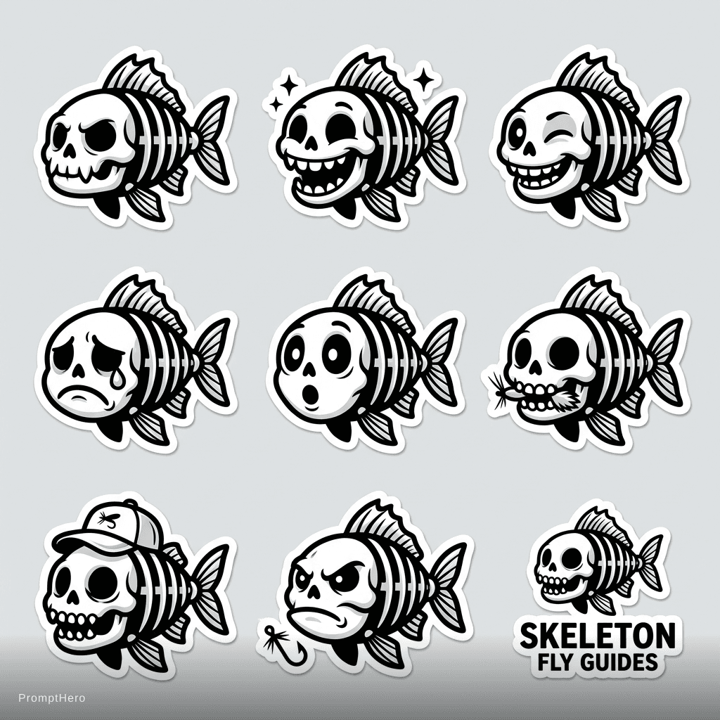 AI generated: Skeleton Fish sticker pack for a startup fly fishing guide.
