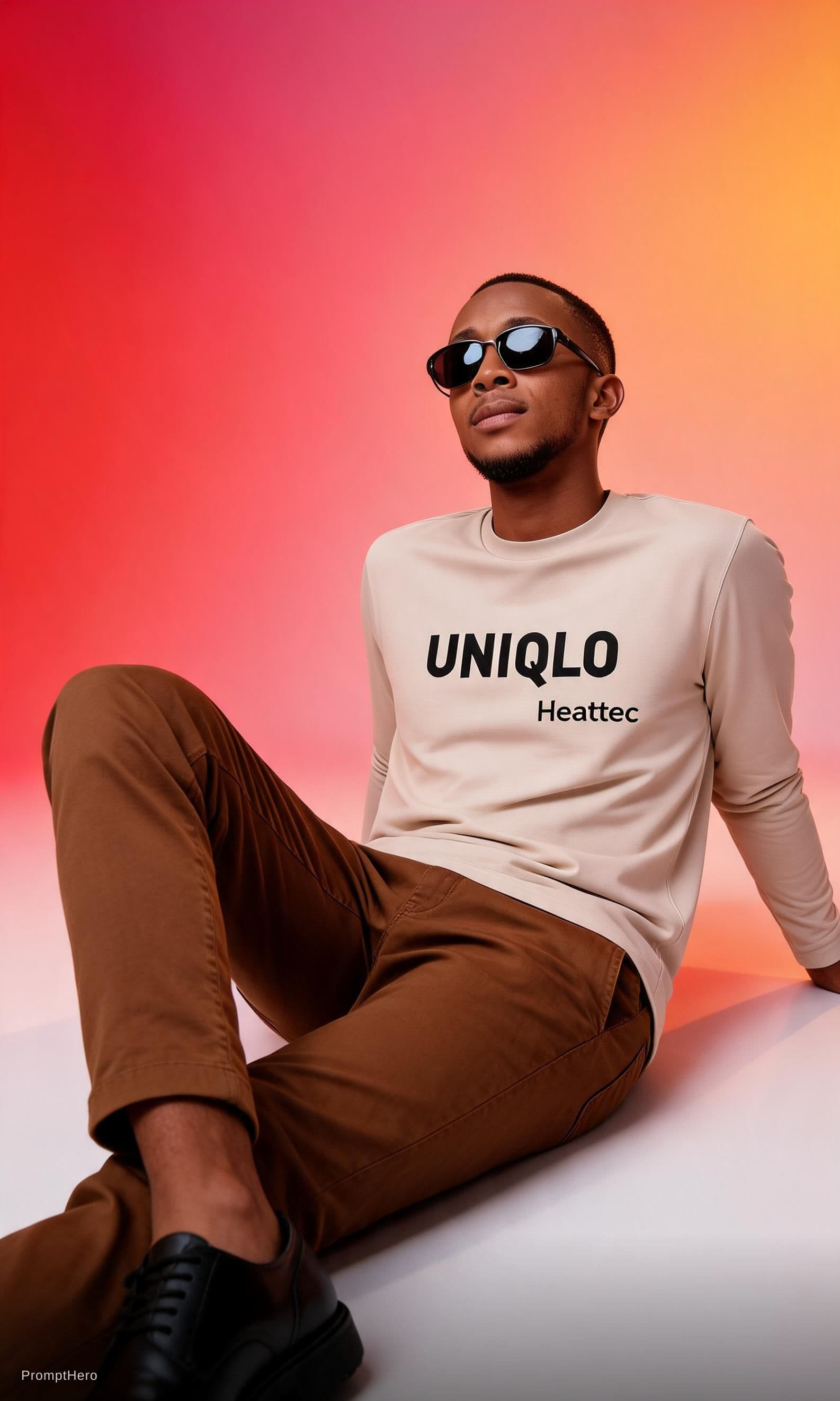 AI generated: wide and low angle, cinematic, fashion photography for the brand Uniqlo. Man    sitting on floor wea...