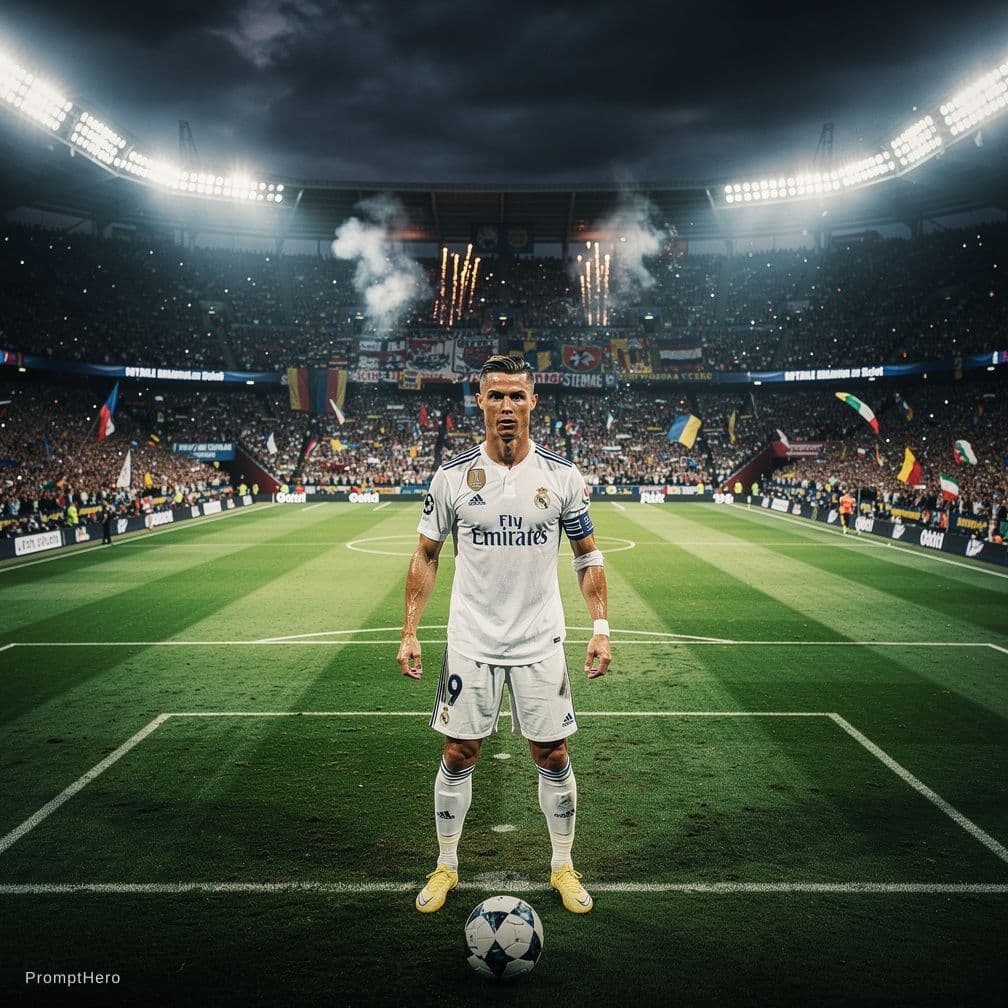 AI generated: A hyper realistic cinematic football stadium during a night match packed crowd bright stadium lights...