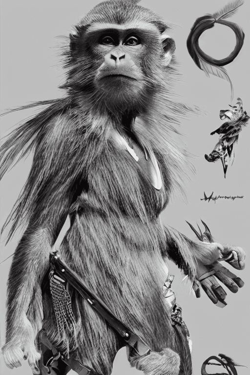 AI generated: mdjrny-v5 style monkey mascot, perfect symmetrical face, feather jewelry, traditional handmade dress...