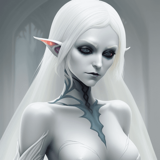 AI generated: DnD Changeling, good looking, fey like appearence, pale figure, white empty eyes, white hair, female