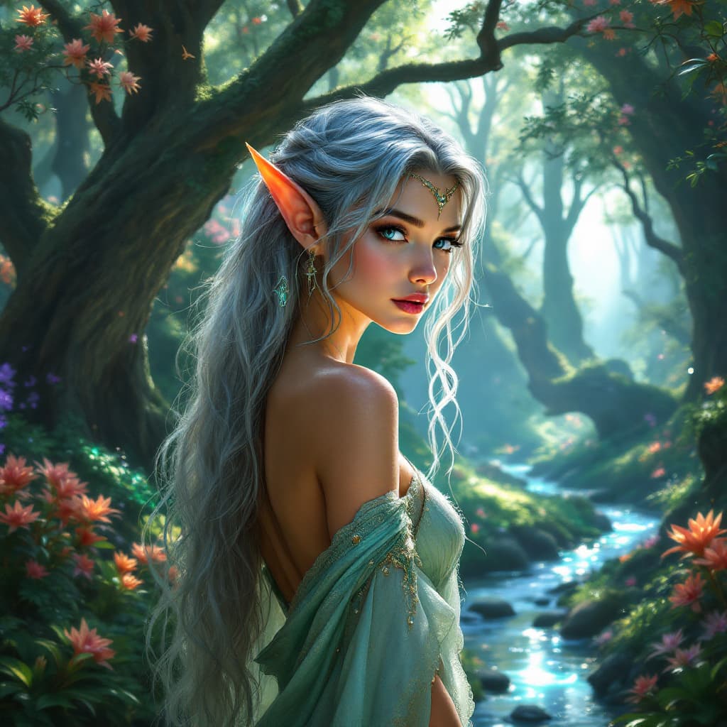 AI generated: A beautiful and artistic portrait of a young female elf standing gracefully in a vibrant, enchanted ...