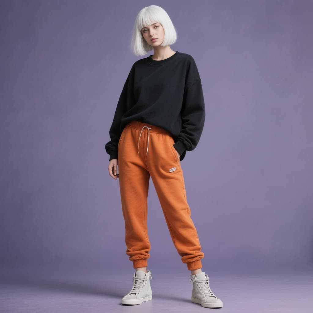AI generated: fashion photography, candid shot, full-length, female model, white bobbed hair, posing in a minimali...