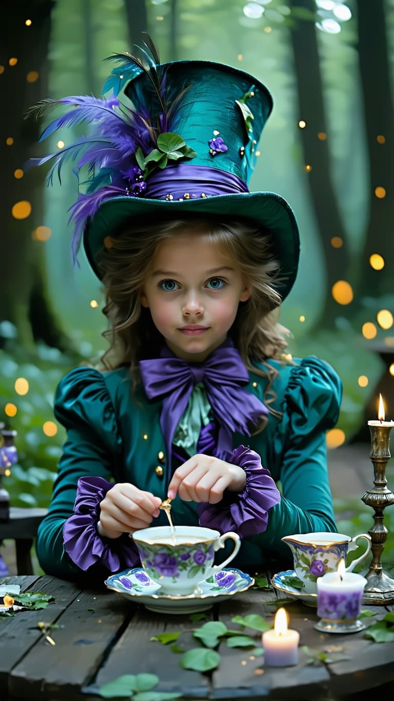 AI generated: a professional photo of a realistic of a pretty tween Millie Davis dressed as the Mad Hatter (master...
