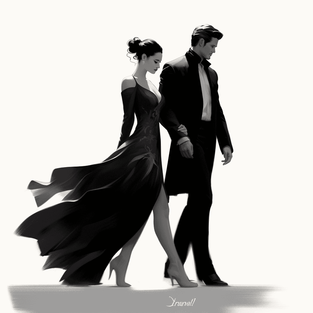 AI generated: Web 2D illustration, UI/UX, elegant page, Wind, couple walking, in black color attire, romantic pose...