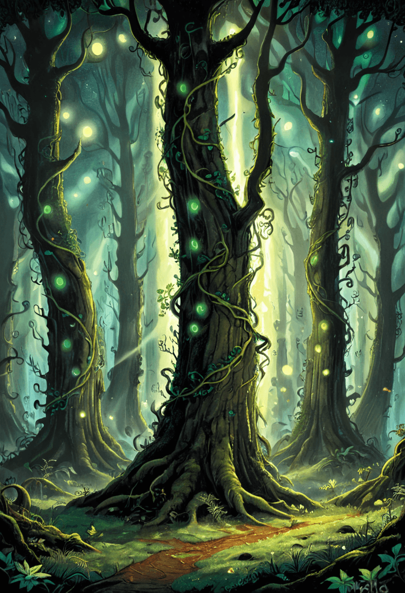 AI generated: comic <lora:xl_more_art-full_v1:1>,<lora:DreamARTSDXL:1>,A surreal forest of towering bioluminescent...