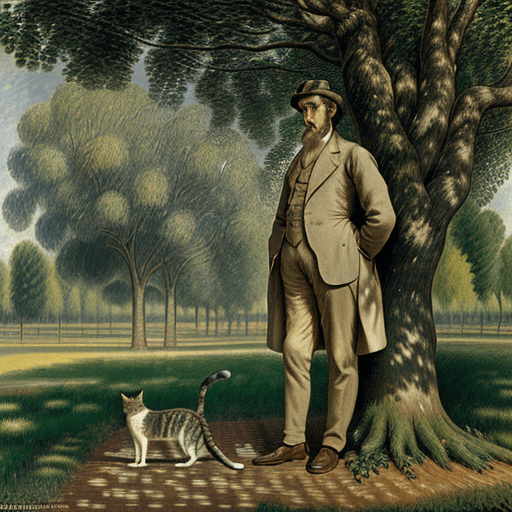 AI generated: Full height Side view Portrait of Pissarro standing near a tree and looking at the cat sitting near ...