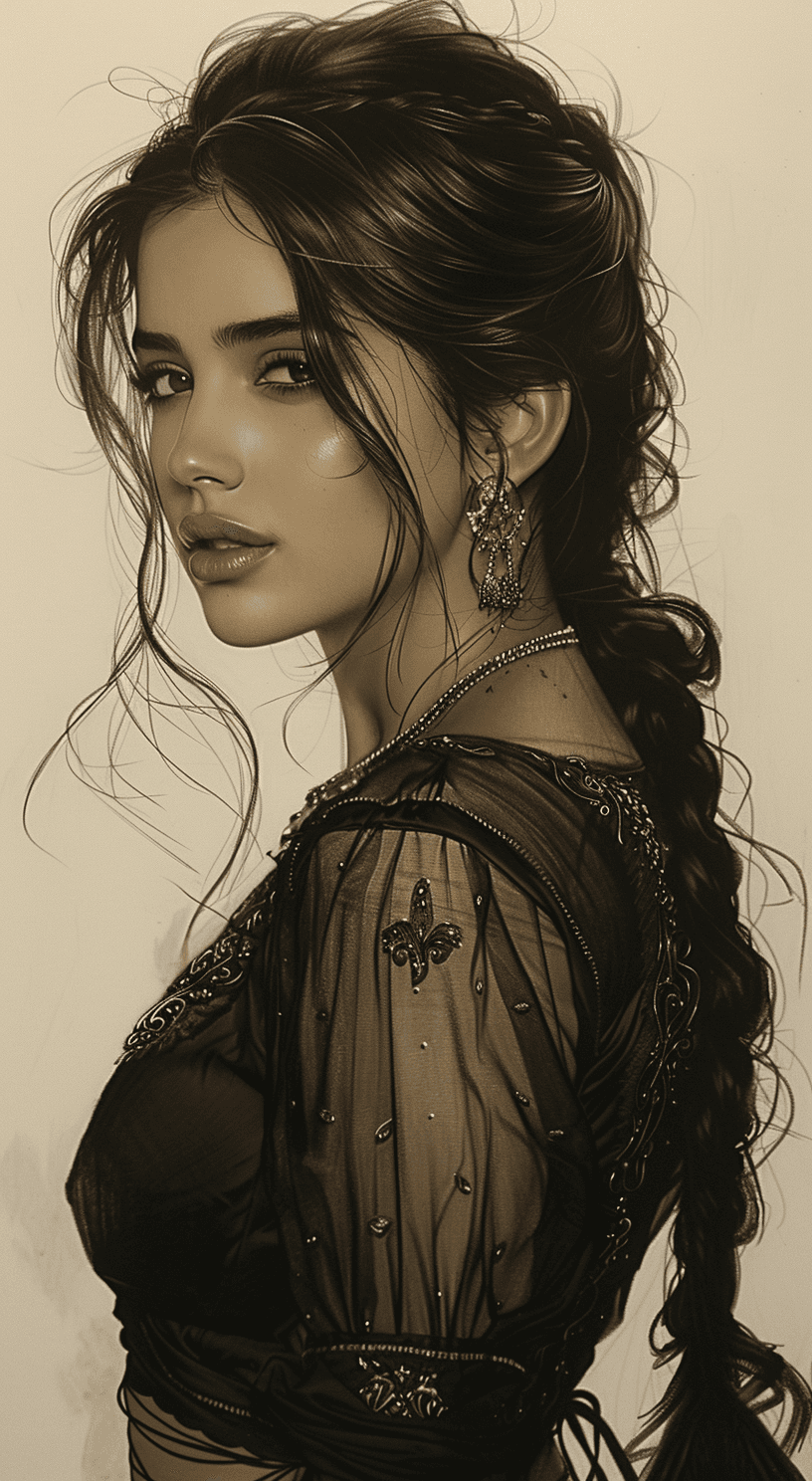 AI generated: sketch of an Indian actress, Bollywood, side view, in the style of warm tonal range, artistic, delic...