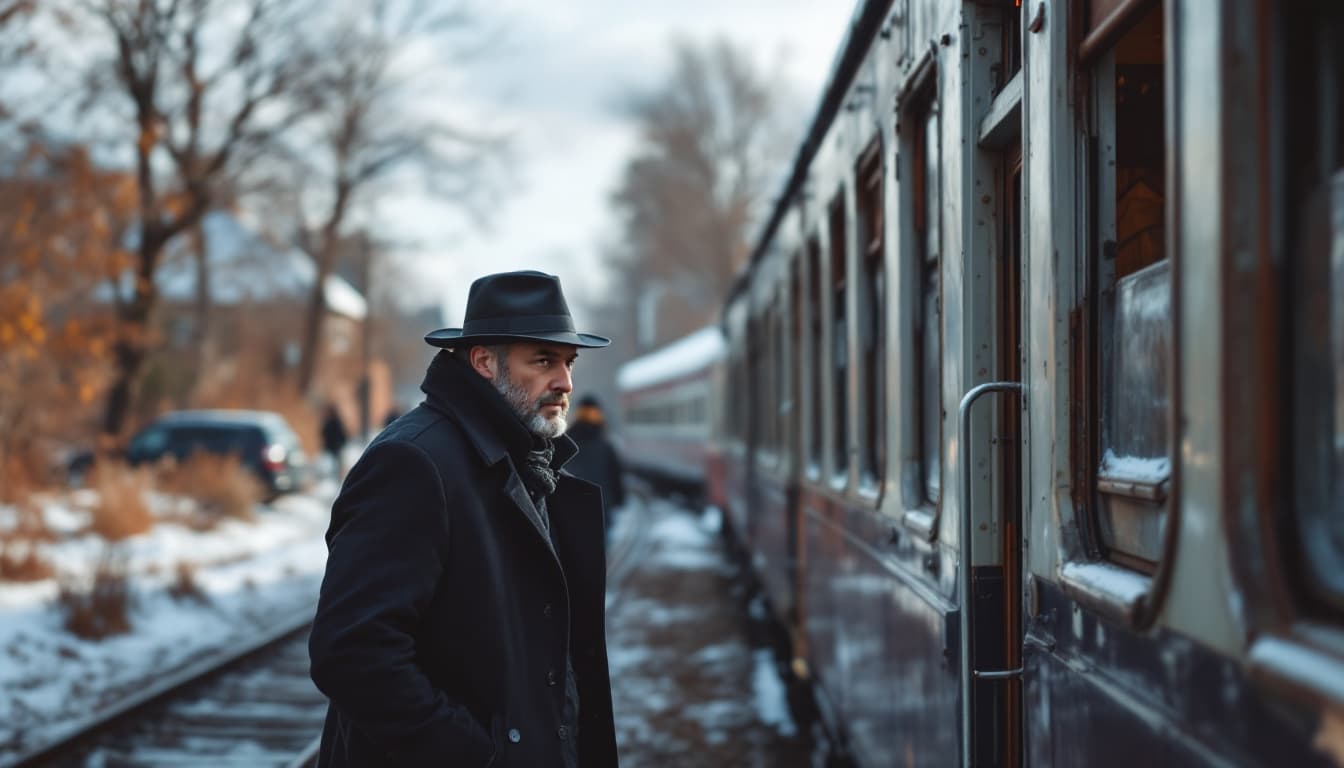 AI generated:  high definition - a man wearing black coat and hat getting ready to board a train in a village