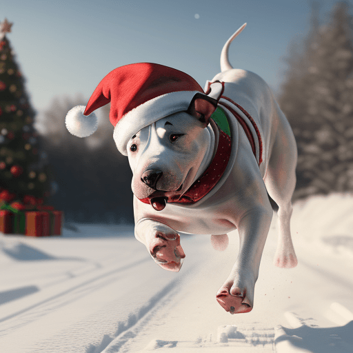 AI generated: Bull terrier with human body in christmas attire, with funky hat, running after Santa's sleigh takin...