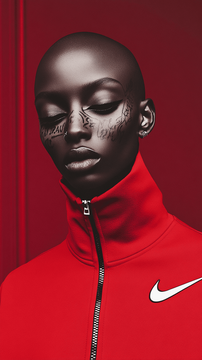 AI generated: Symetrical ultra Closeup of a dope faced tattoed model, dark mirror glazed Nike sport outfit, Minima...