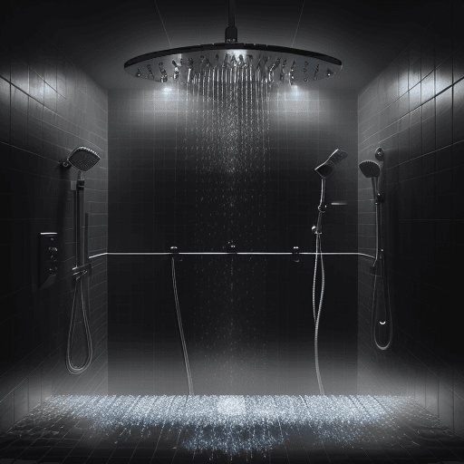AI generated: Generate a stable diffusion image showcasing a beautiful, dark scene in a shower illuminated by vibr...