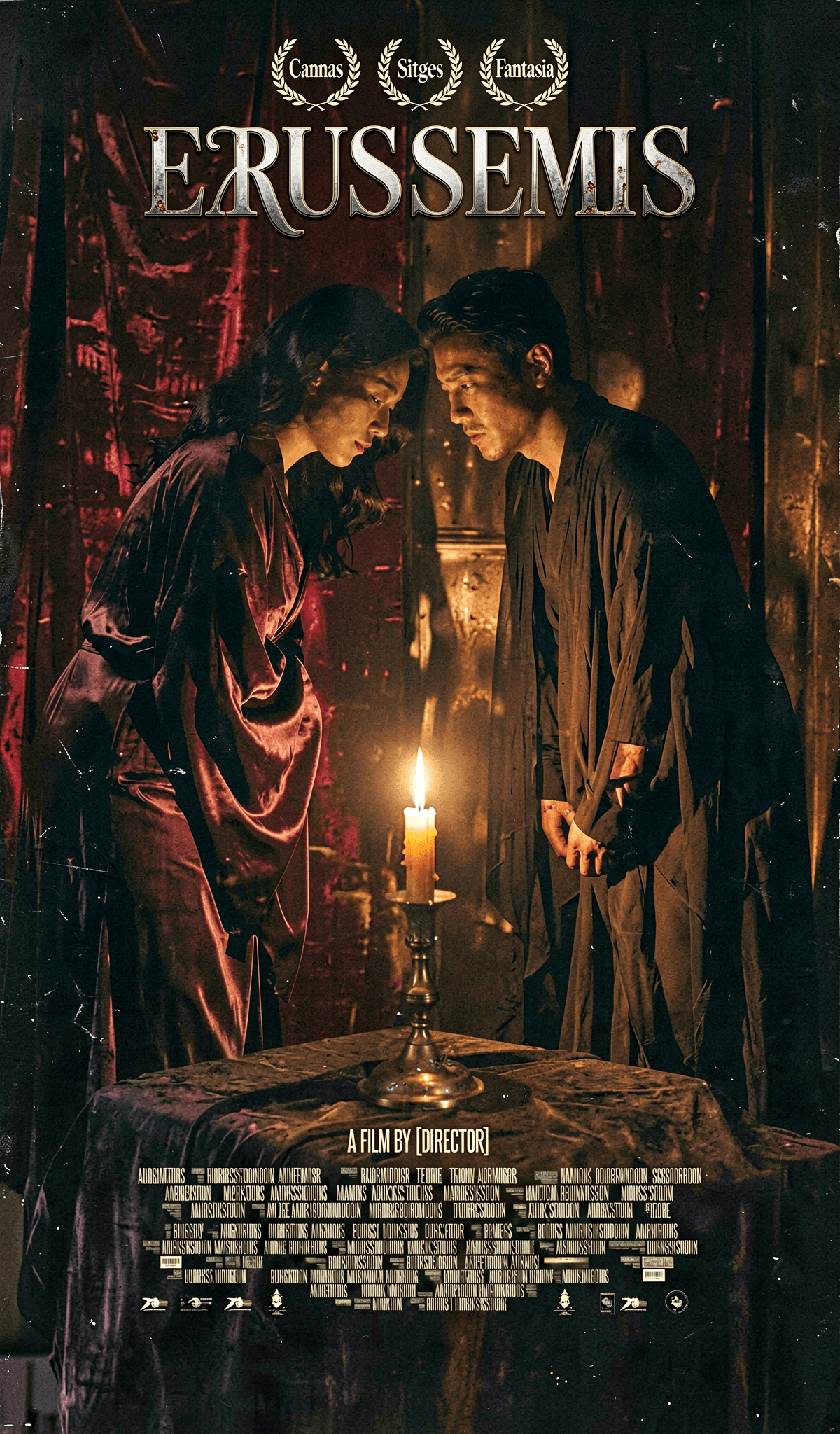 AI generated: Horror-erotic thriller movie poster, 2:3 aspect ratio. A hauntingly tense composition: two figures i...