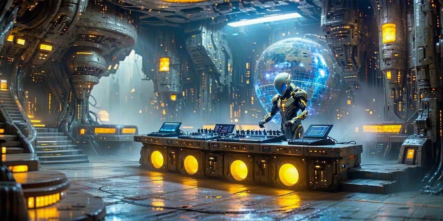 AI generated: Futuristic TAGG DJ command booth inside alien nightclub, massive elevated armored metallic platform ...