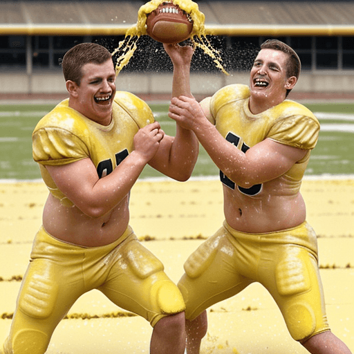 AI generated: two handsome laughing, sweaty, caucasian american football players with short cropped hair, throwing...