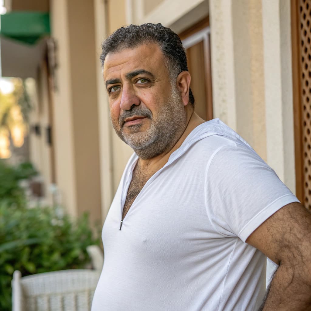 AI generated: Masculin Arabian, Full Body, huge bulge, hairy, Green eyes, mature, average weight, slightly chubby,...