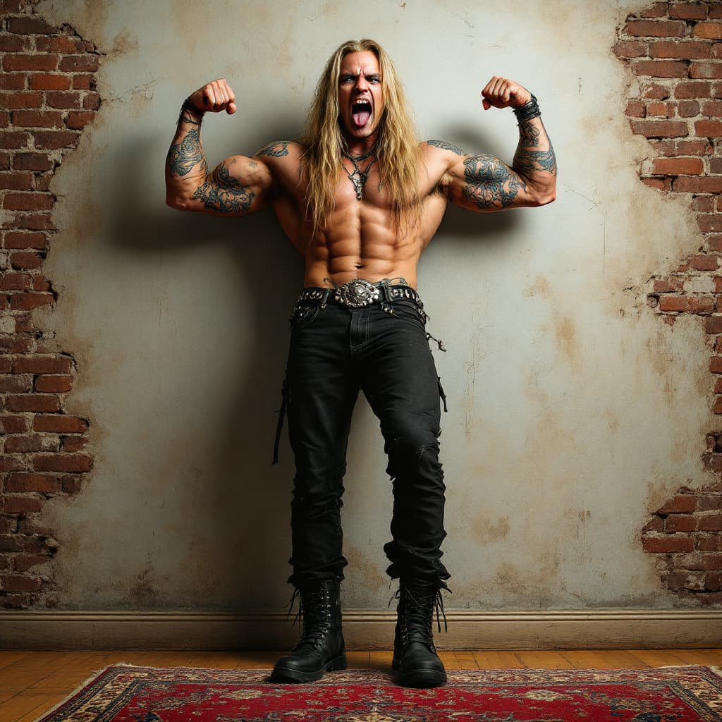 AI generated: Full body view, metal rocker, very long wavy blond hair, round face, chiseled jawline, toned muscles...