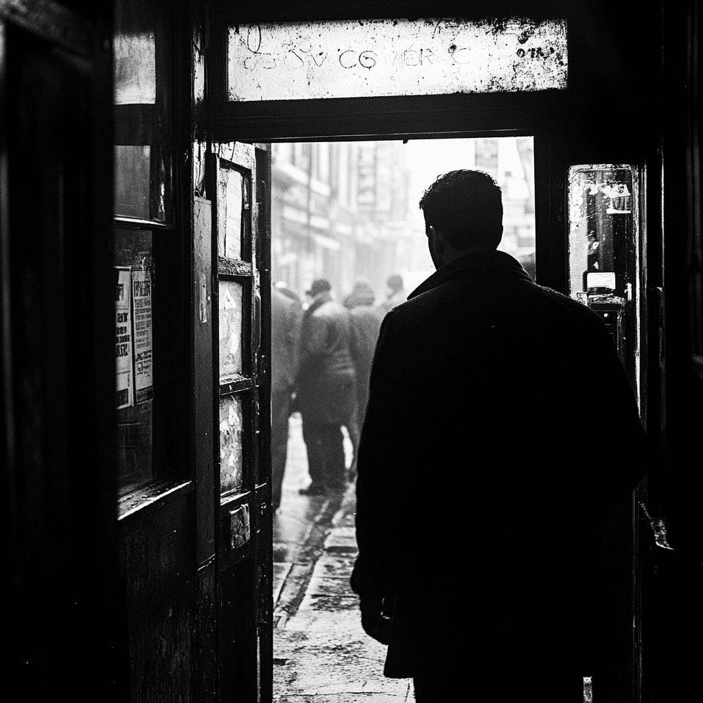 AI generated: A black and white photograph of a man walking out the front door of an old school street corner shop...