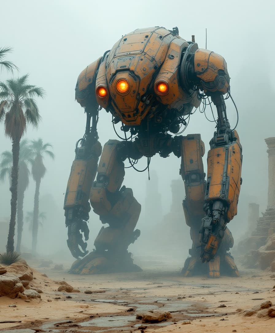 AI generated: A massive, weathered, four-legged mech robot stands in a misty Egyptian landscape. The robot is pain...