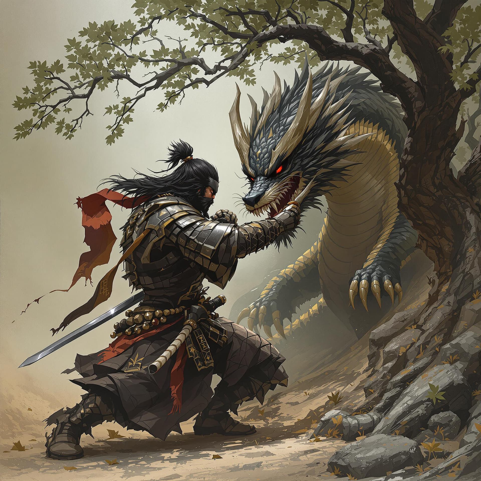 AI generated: Samurái humano, visitando una armadura de dragón, blandiendo su katana, en posición de combate rodea...