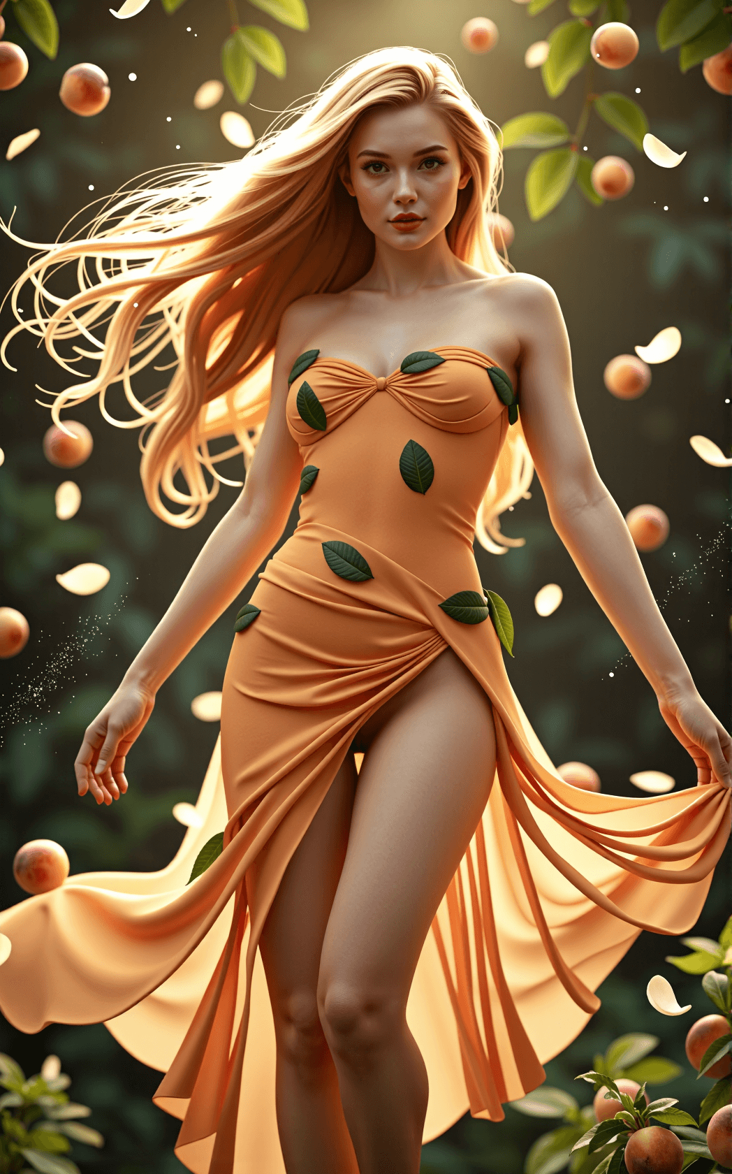 AI generated: A full-body portrait of a radiant peach fairy princess with luminous, flawless pale skin and a slend...